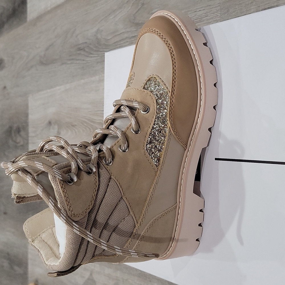 Rugged sole boots  tan with glittery panels.